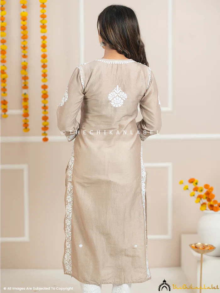 Uzma Chanderi Chikankari Kurta - Beige - Image 2