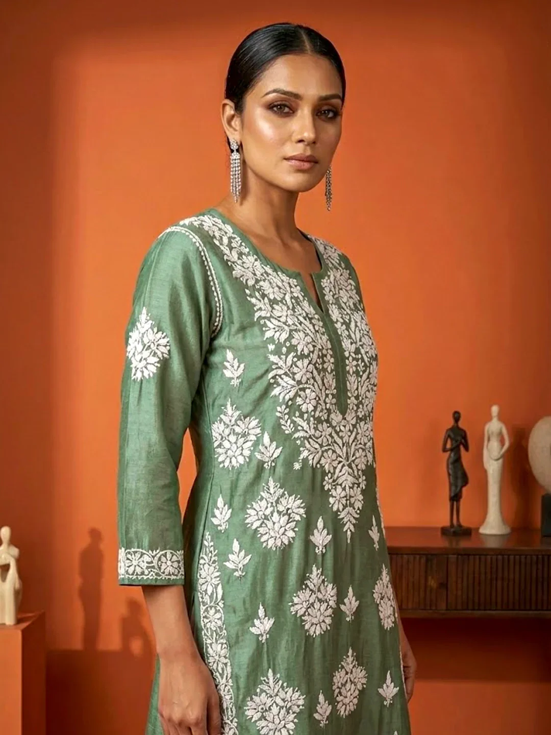 Uzma Chanderi Chikankari Kurta - Green - Image 2