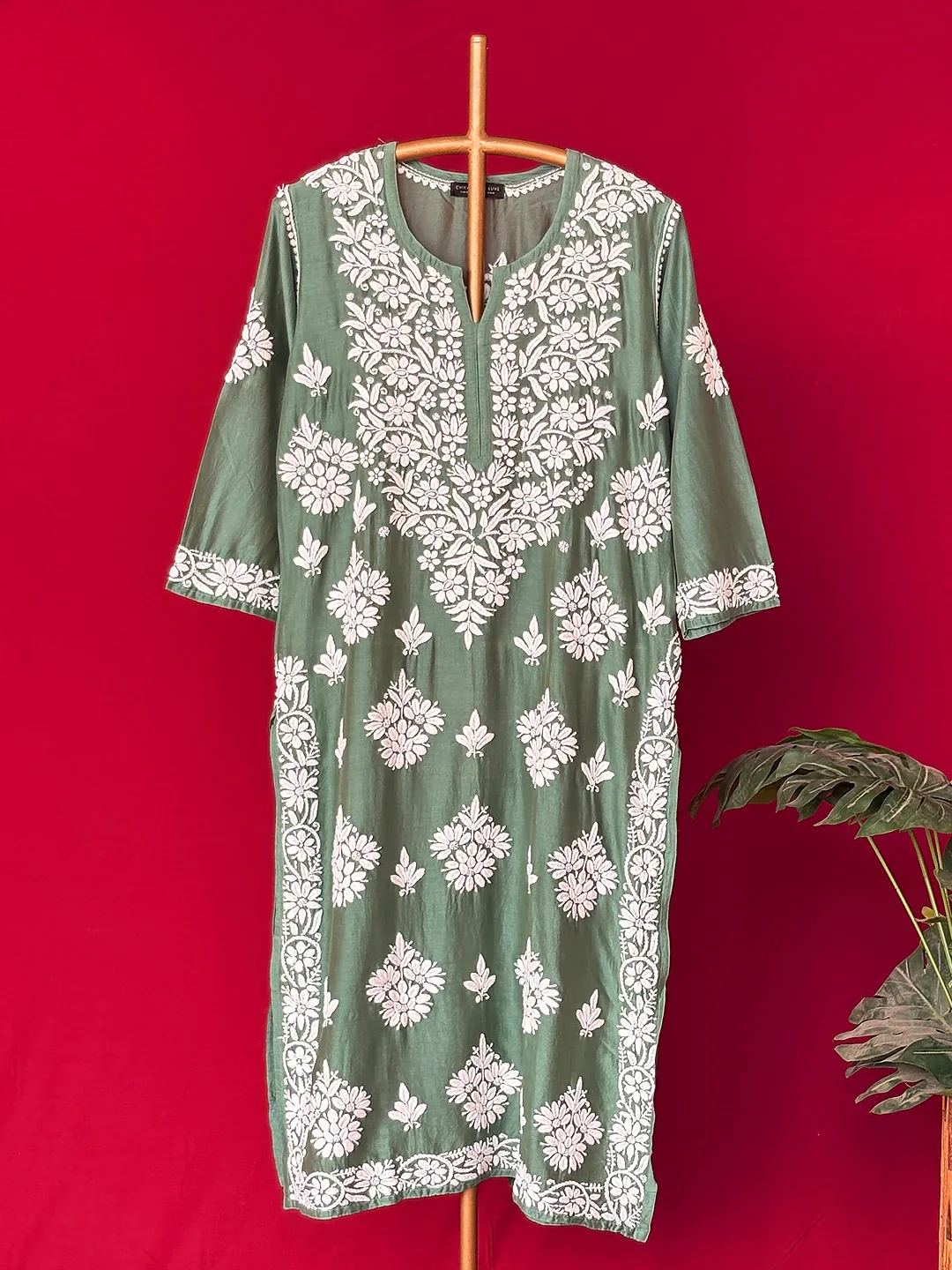 Uzma Chanderi Chikankari Kurta - Green - Image 3