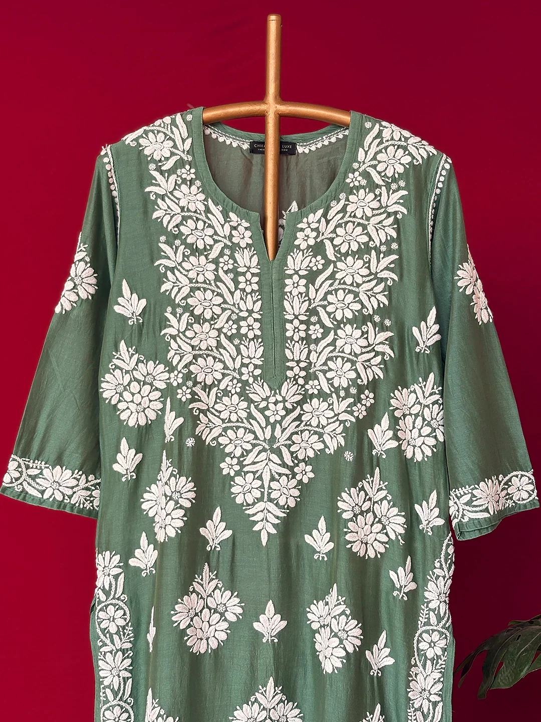 Uzma Chanderi Chikankari Kurta - Green - Image 4