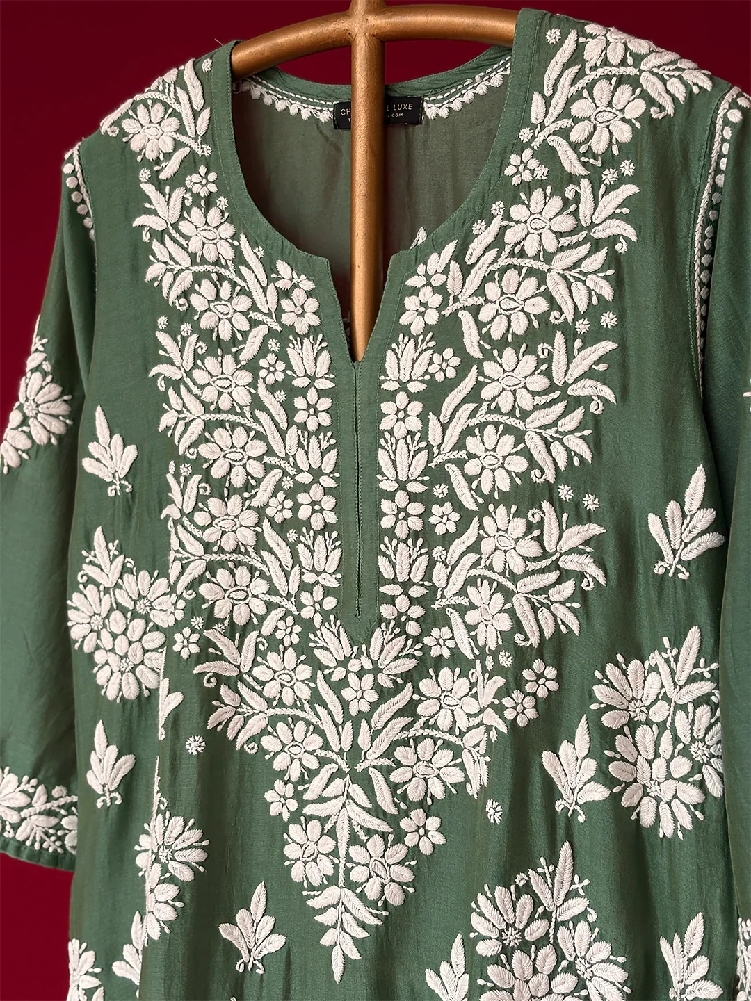 Uzma Chanderi Chikankari Kurta - Green - Image 5