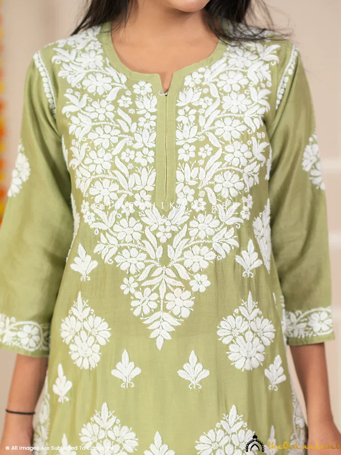 Uzma Chanderi Chikankari Kurta - Pista Green - Image 2