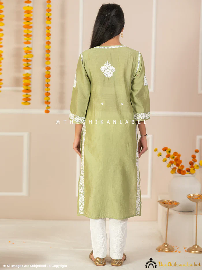 Uzma Chanderi Chikankari Kurta - Pista Green - Image 3