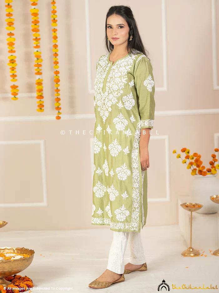Uzma Chanderi Chikankari Kurta - Pista Green - Image 4