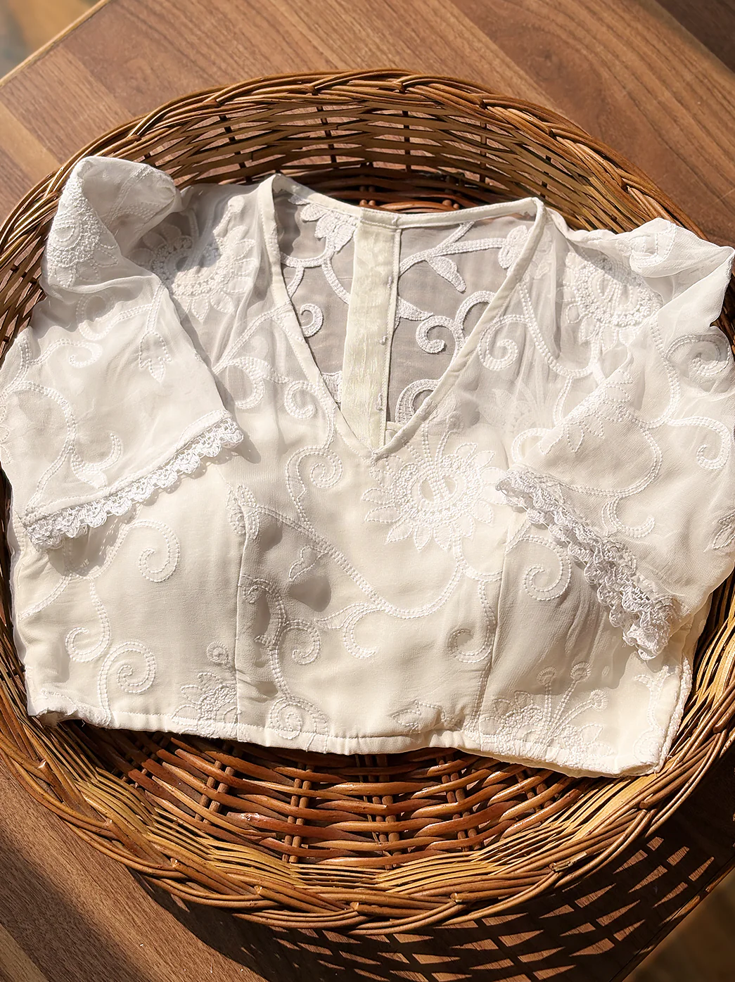 Viscose Handmade Half Sleeve Chikankari Blouse - White - Image 3