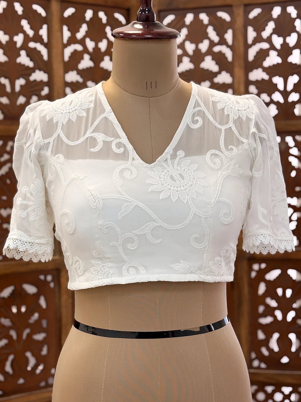 Viscose Handmade Half Sleeve Chikankari Blouse - White - Image 6