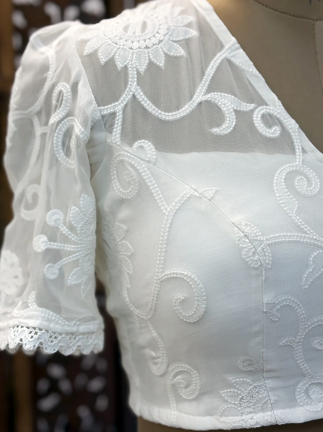 Viscose Handmade Half Sleeve Chikankari Blouse - White - Image 7