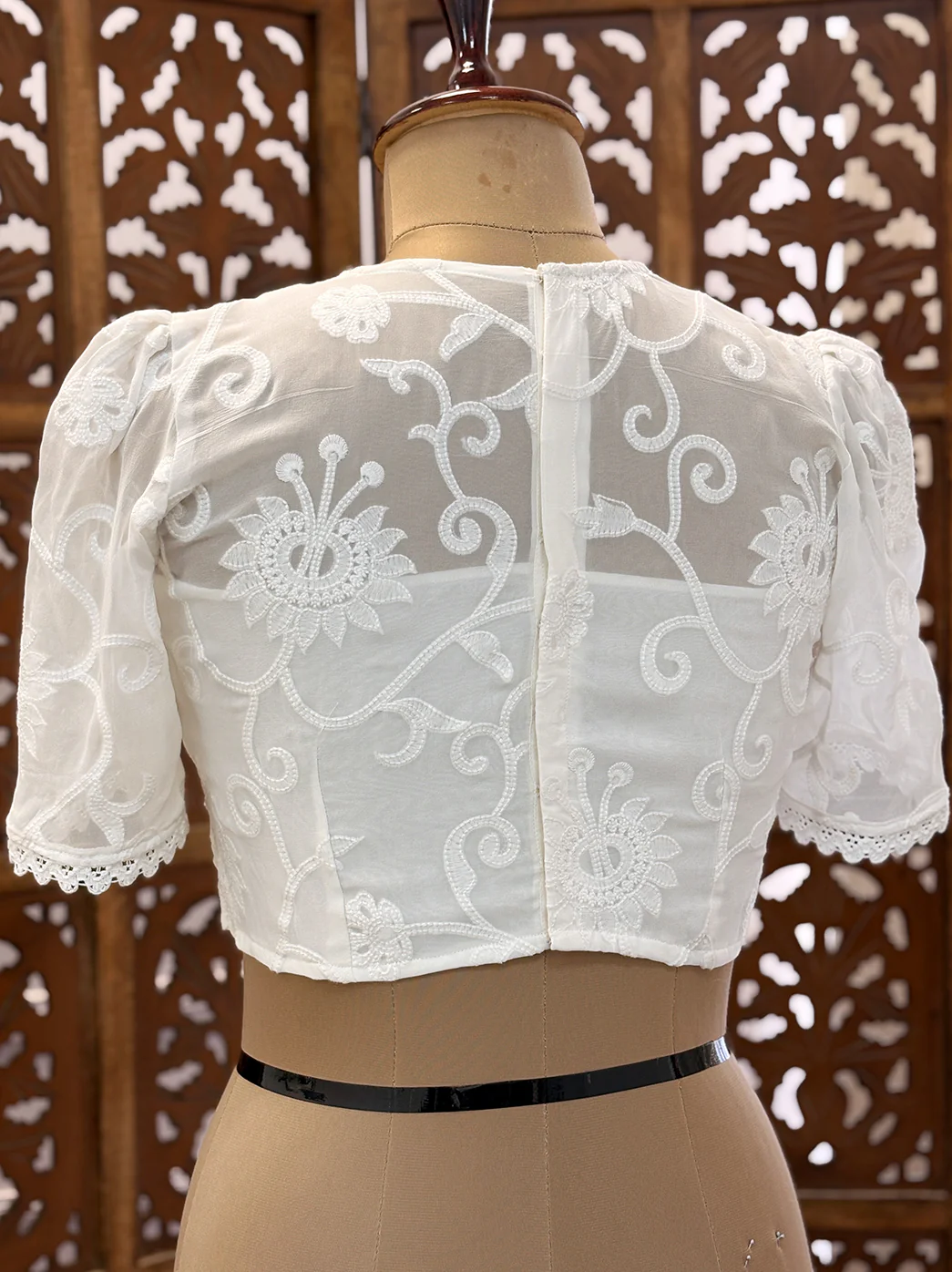 Viscose Handmade Half Sleeve Chikankari Blouse - White - Image 8