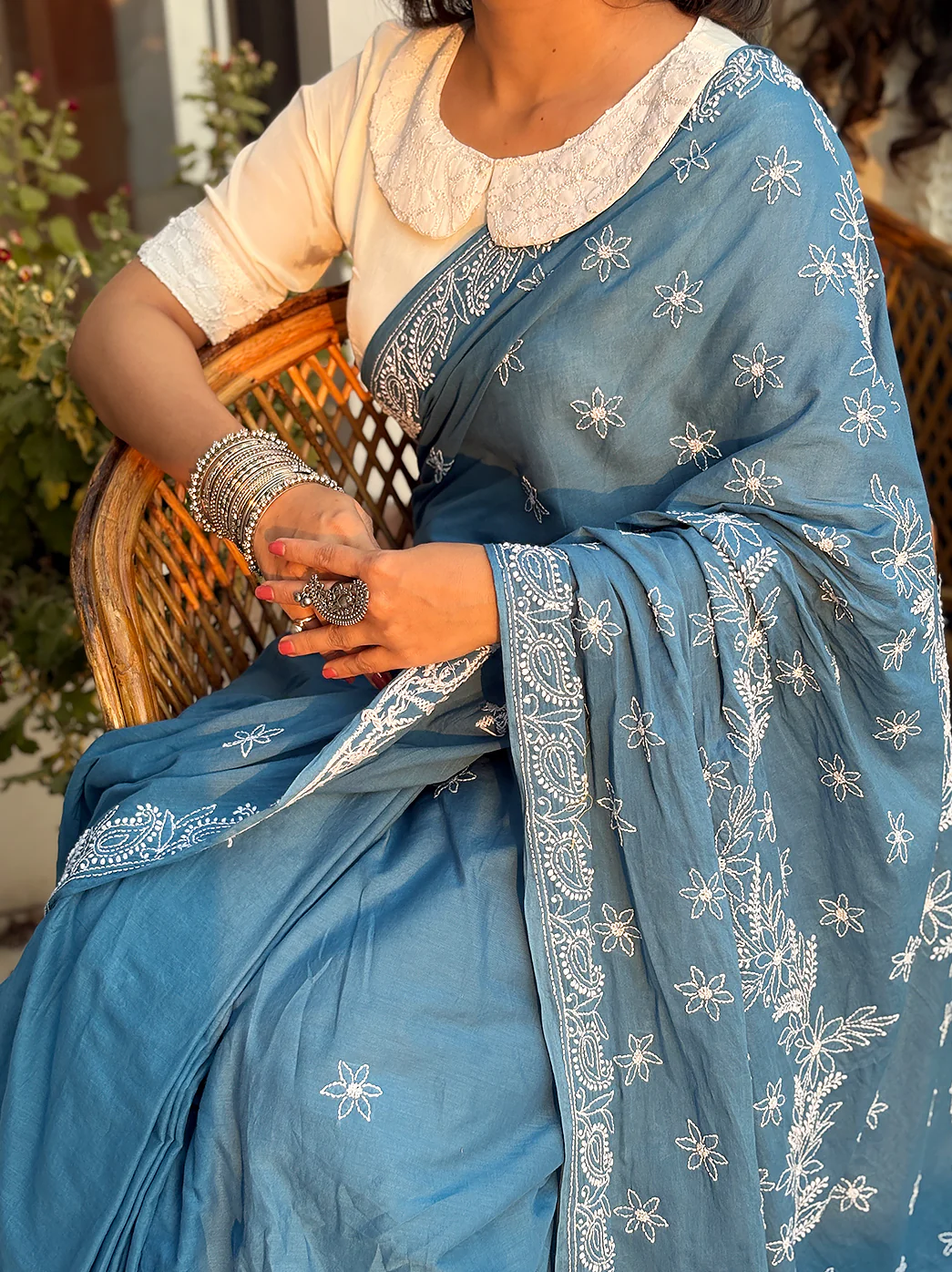 Vritika Mulmul Cotton Chikankari Saree - Blue - Image 2