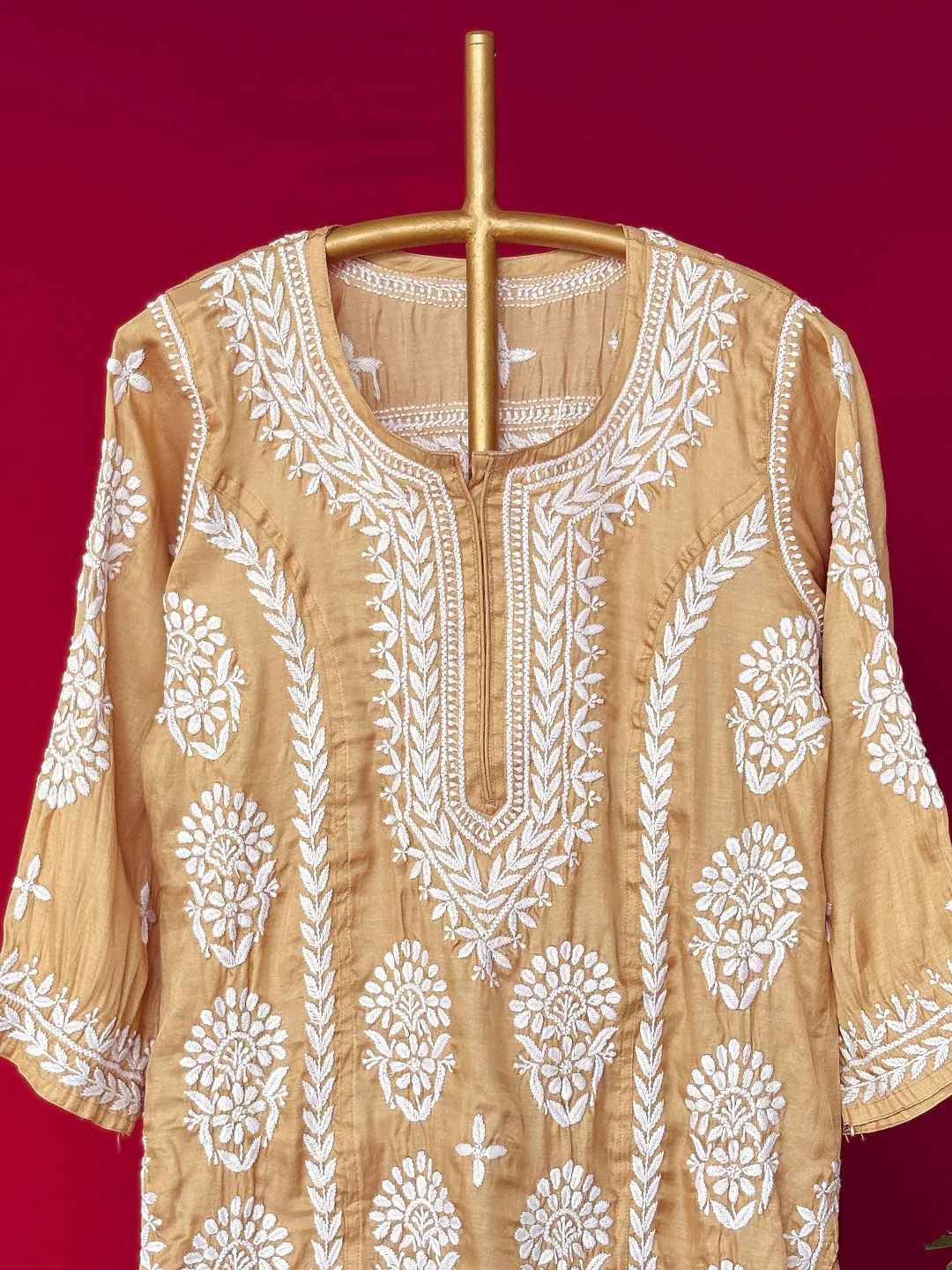 Wareeha Italian Silk Chikankari Kurta - Beige - Image 3