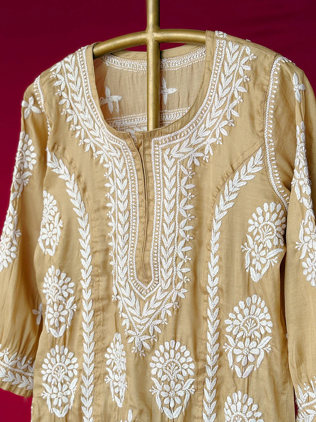 Wareeha Italian Silk Chikankari Kurta - Beige - Image 4