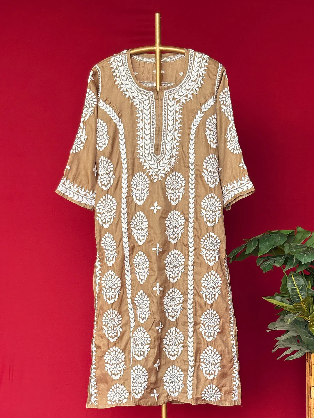 Wareeha Italian Silk Chikankari Kurta - Khaki - Image 2