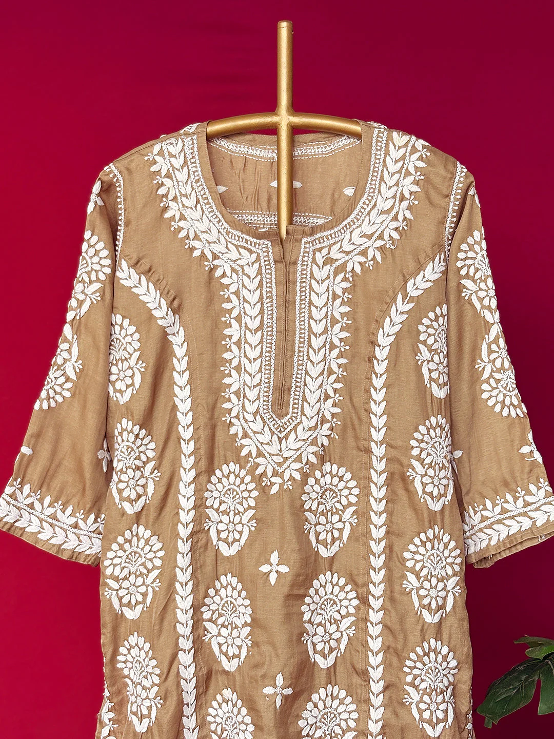 Wareeha Italian Silk Chikankari Kurta - Khaki - Image 3
