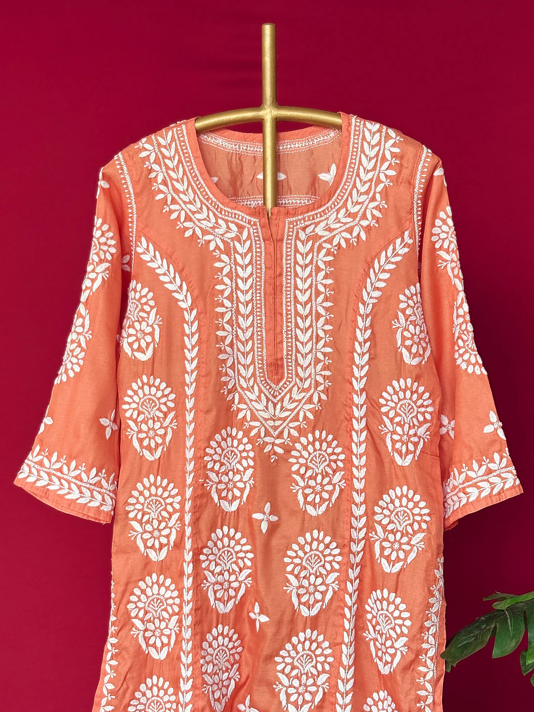 Wareeha Italian Silk Chikankari Kurta - Orange - Image 2