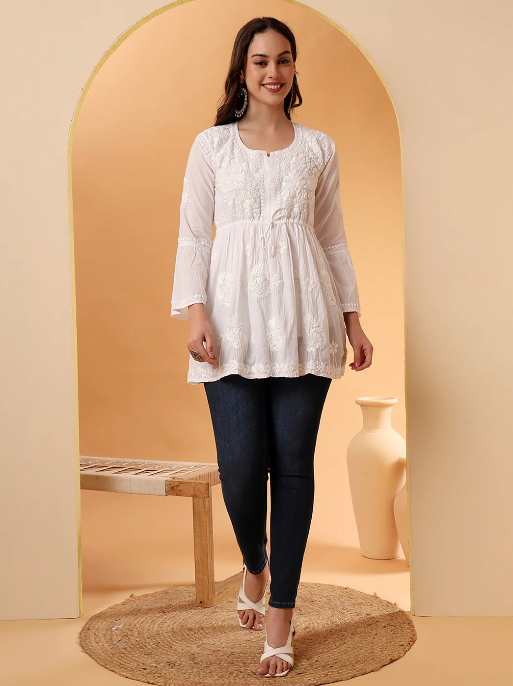 White Aahana Pure Mulmul Cotton Chikankari Peplum Top - Image 4