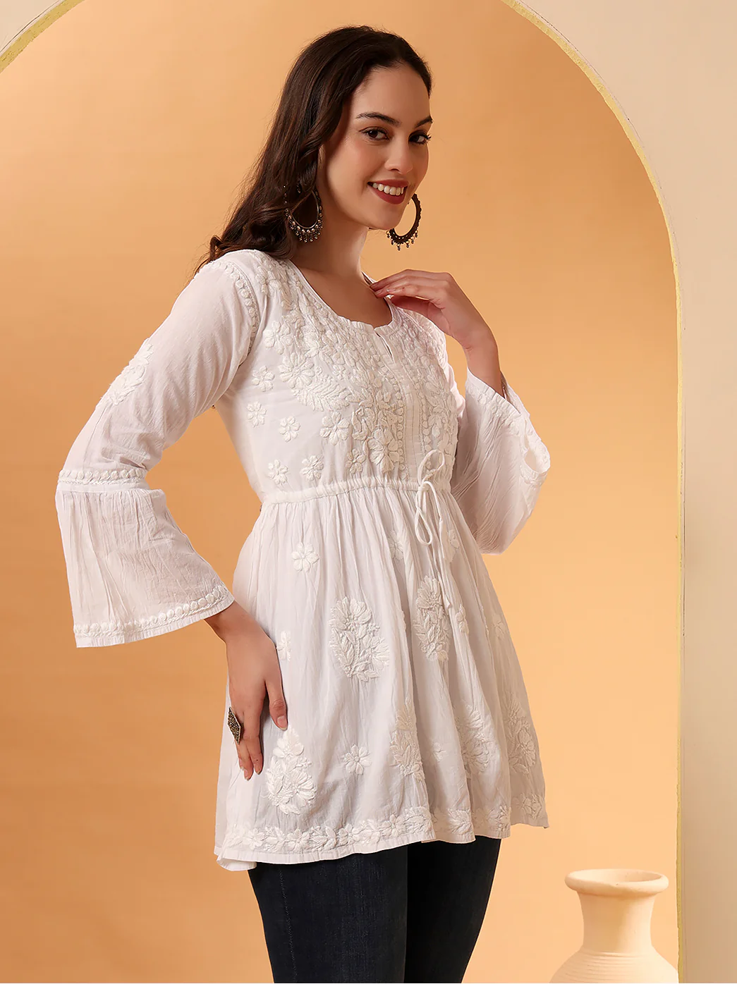 White Aahana Pure Mulmul Cotton Chikankari Peplum Top - Image 6