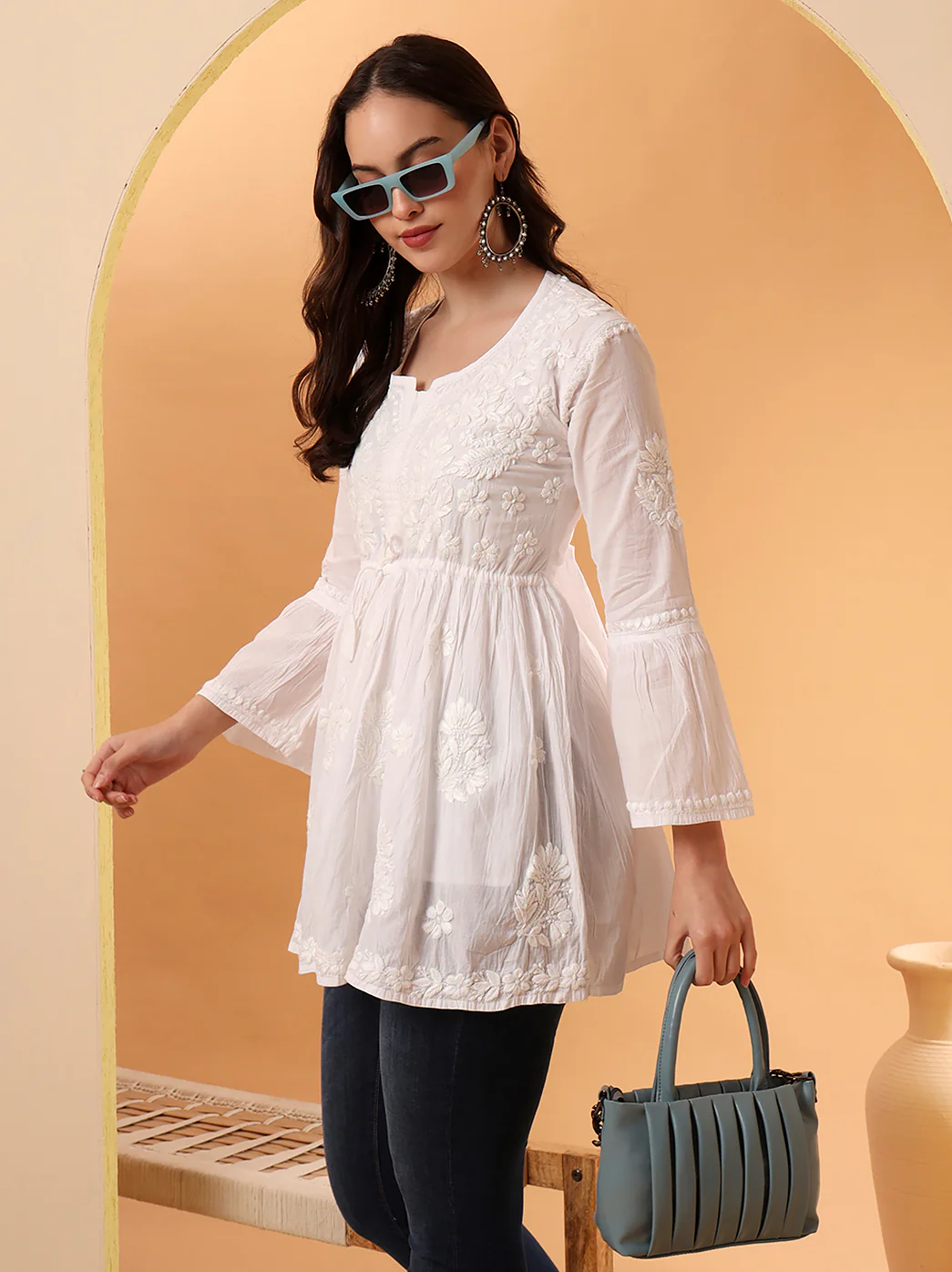 White Aahana Pure Mulmul Cotton Chikankari Peplum Top - Image 7