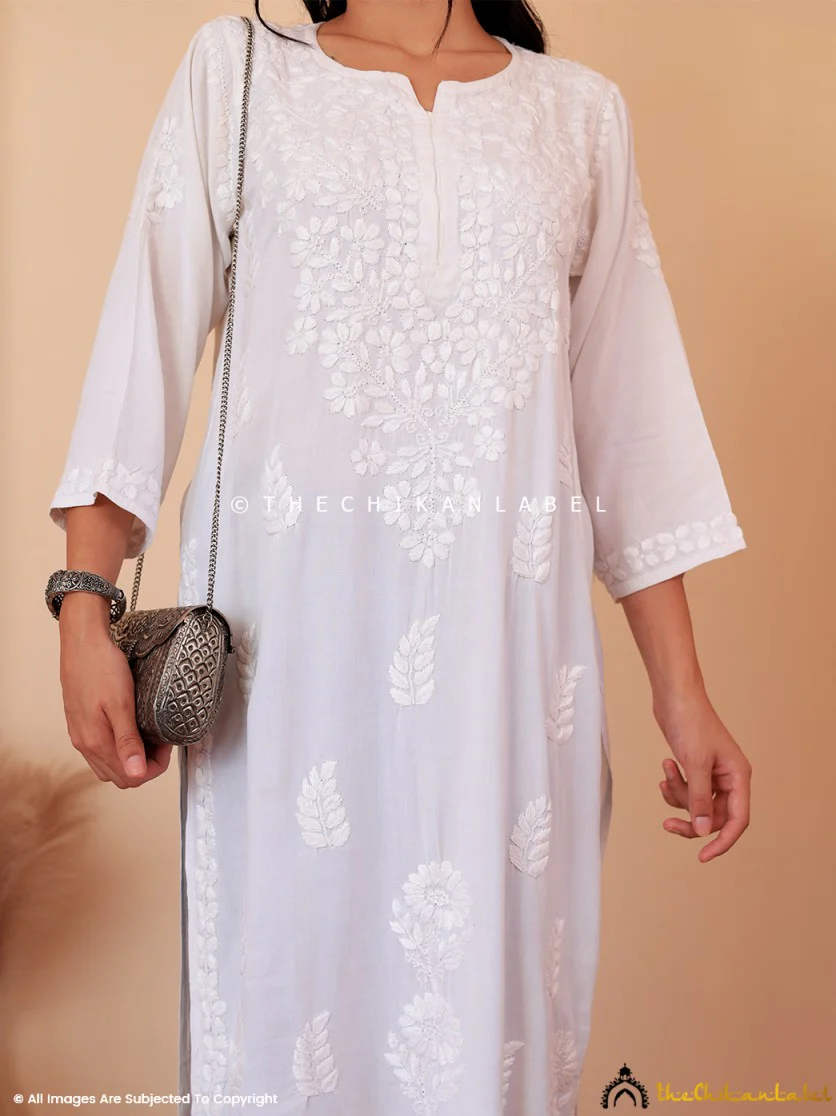 White Aarna Rayon Chikankari Straight Kurti - Image 2