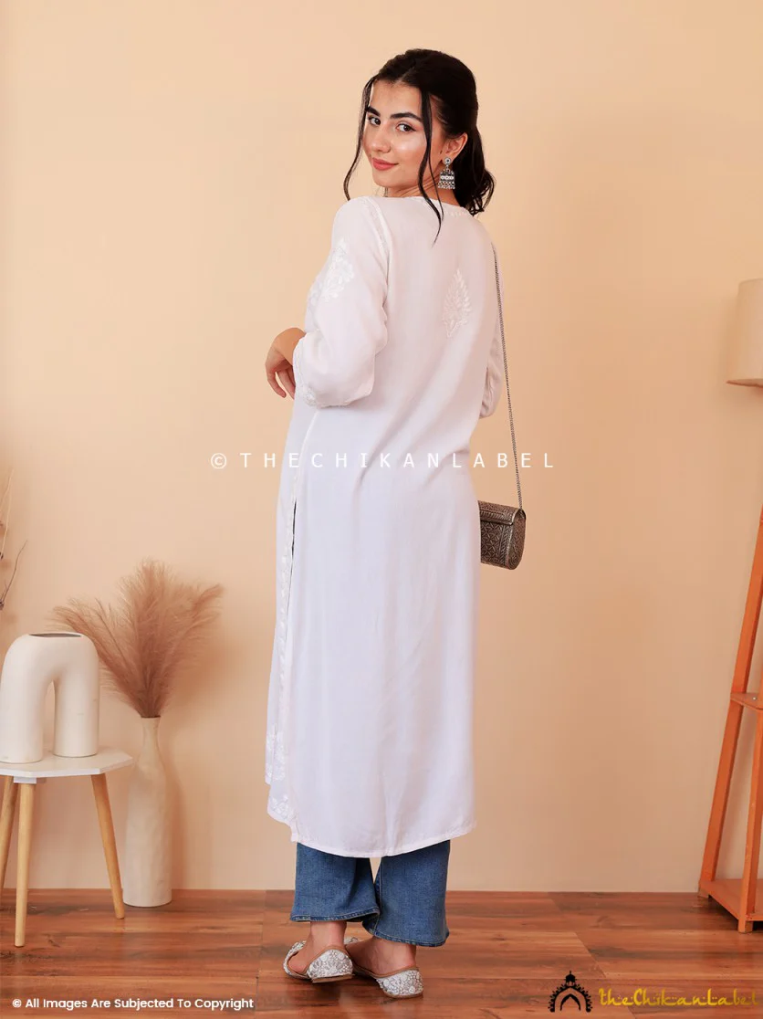 White Aarna Rayon Chikankari Straight Kurti - Image 3