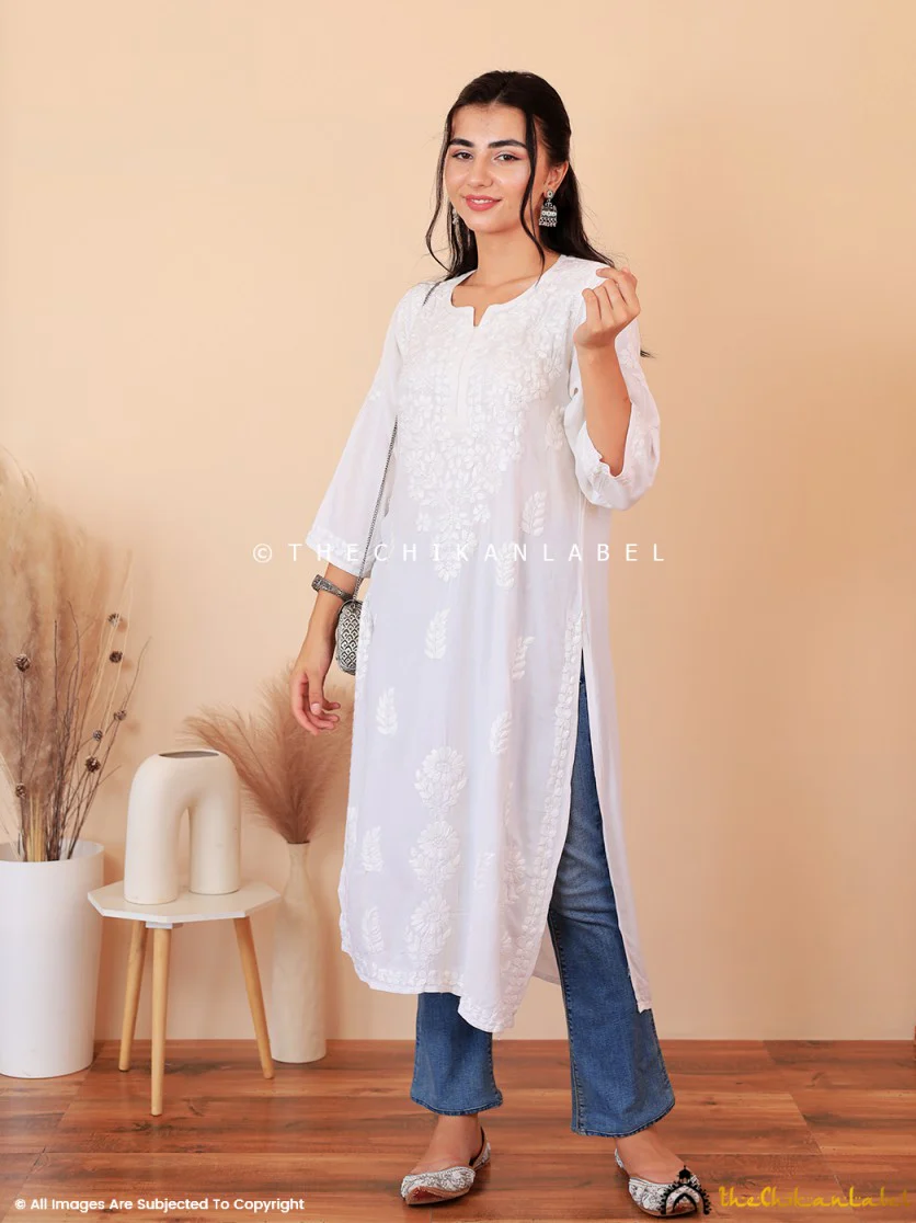 White Aarna Rayon Chikankari Straight Kurti - Image 4