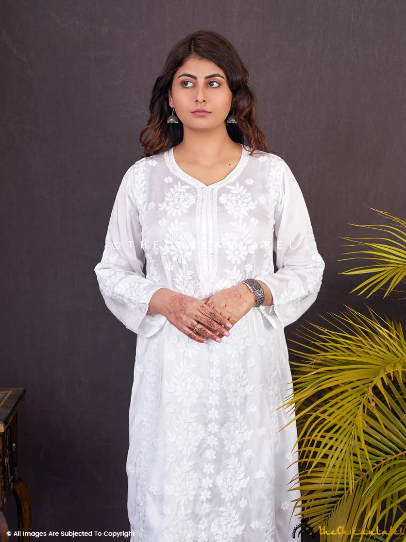 White Afiza Satin Modal Chikankari Kurta Set - Image 2