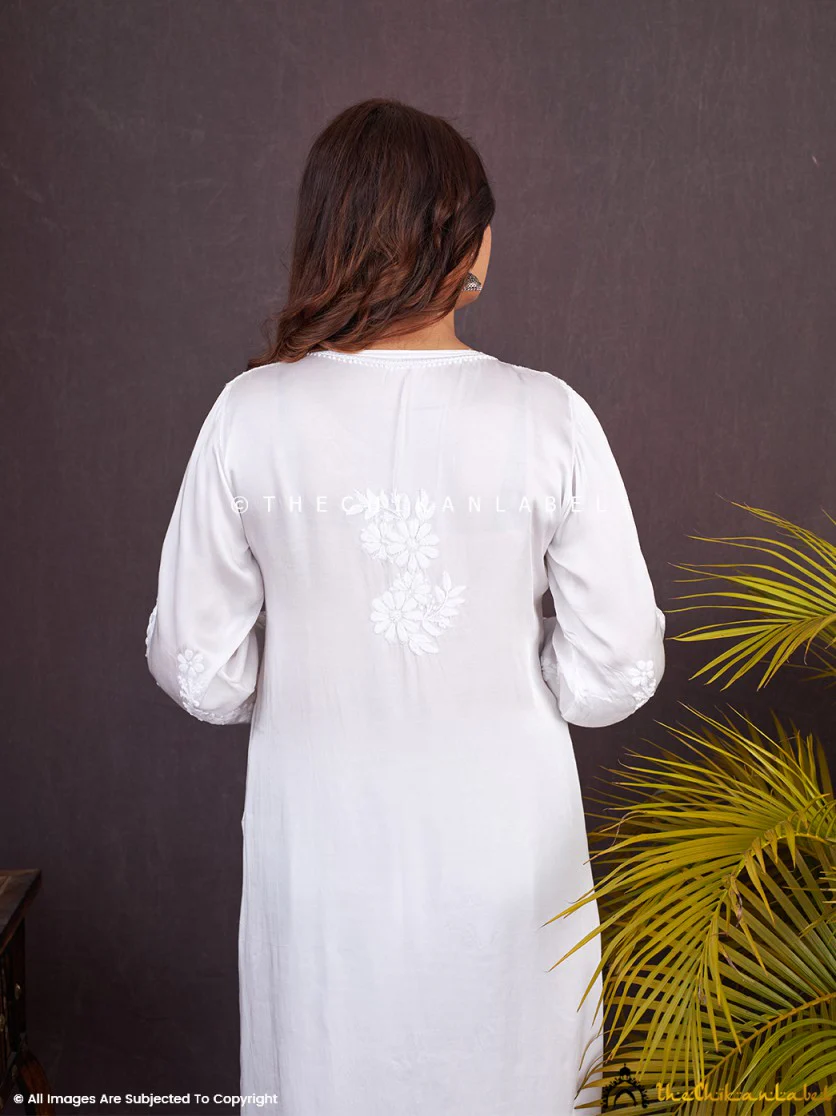 White Afiza Satin Modal Chikankari Kurta Set - Image 3
