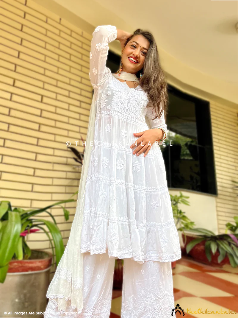 White Afsara Crepe Chikankari Tier Tunic Gown - Image 2