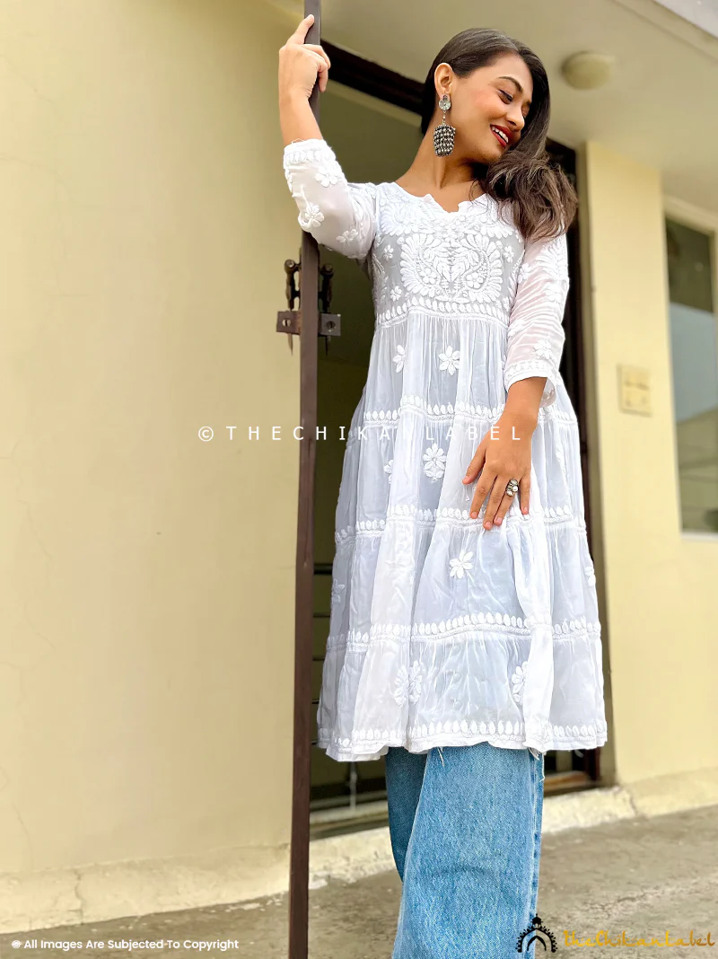White Afsara Crepe Chikankari Tier Tunic Gown - Image 3