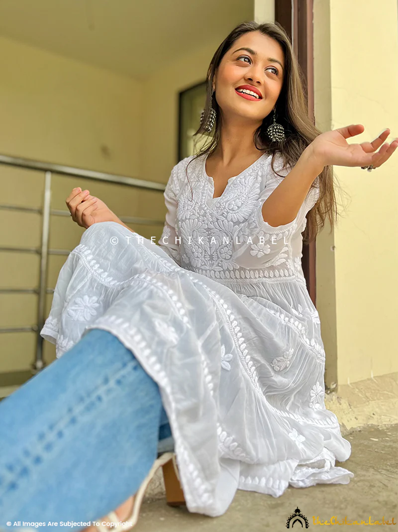 White Afsara Crepe Chikankari Tier Tunic Gown - Image 4