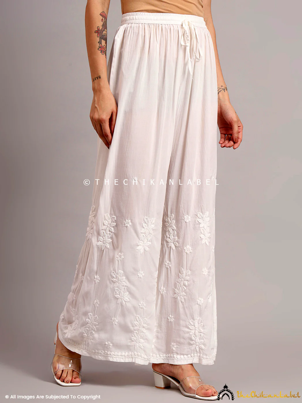 Akhsi Modal Chikankari Straight Palazzo - White - Image 4