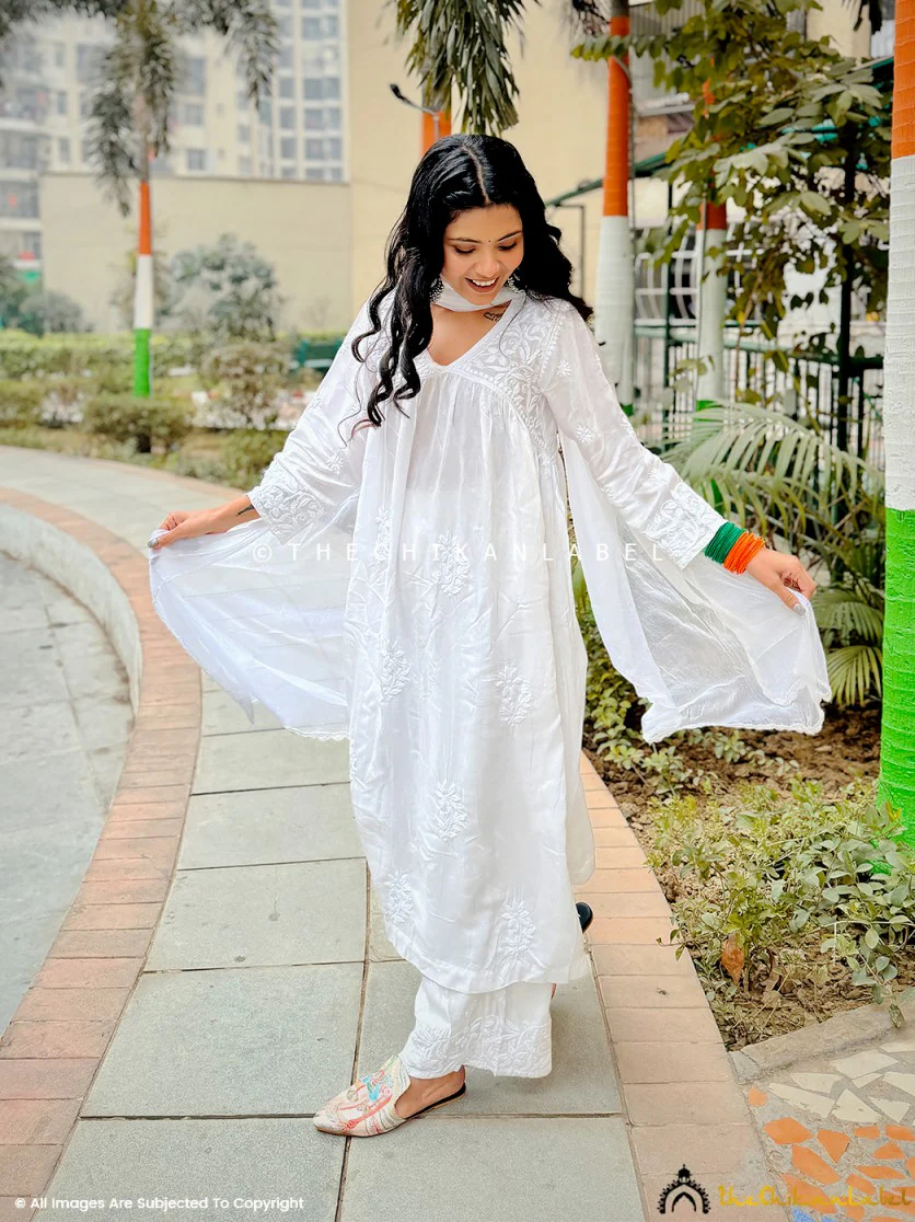 Alia Muslin Chikankari Kurta Set with Dupatta - White - Image 12
