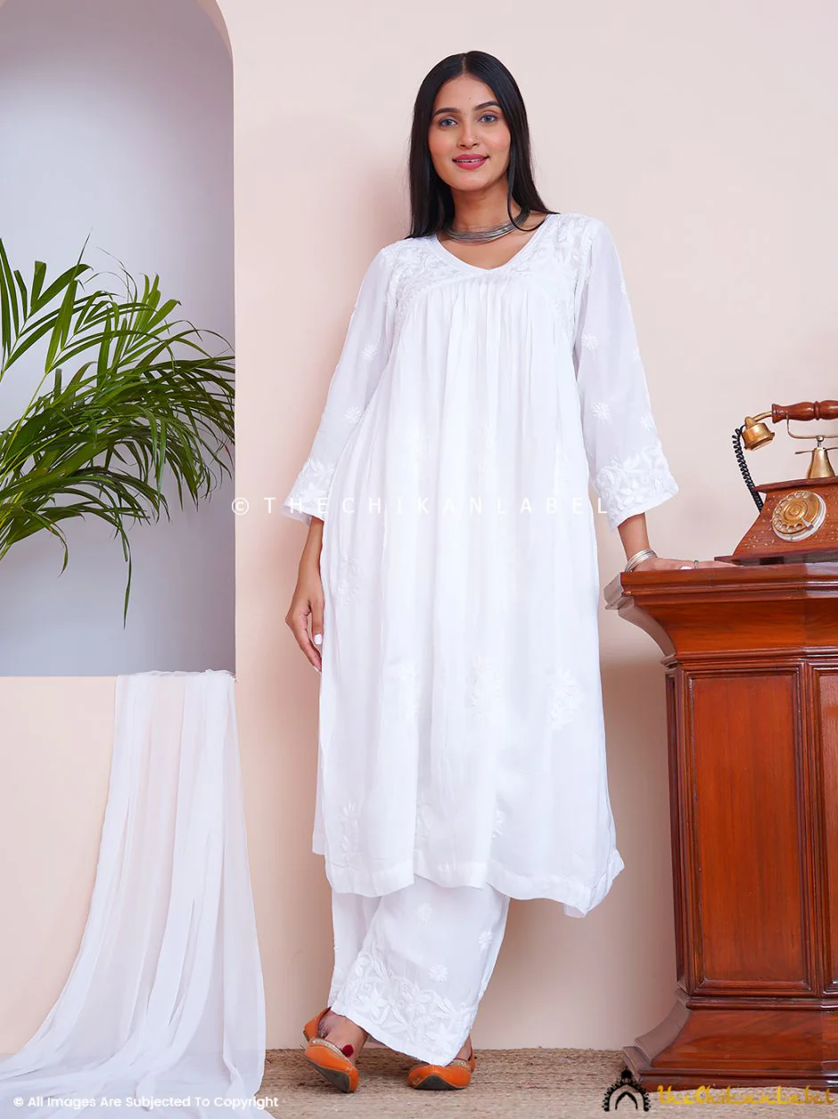 Alia Muslin Chikankari Kurta Set with Dupatta - White - Image 14