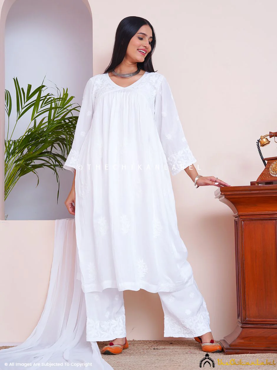 Alia Muslin Chikankari Kurta Set with Dupatta - White - Image 17