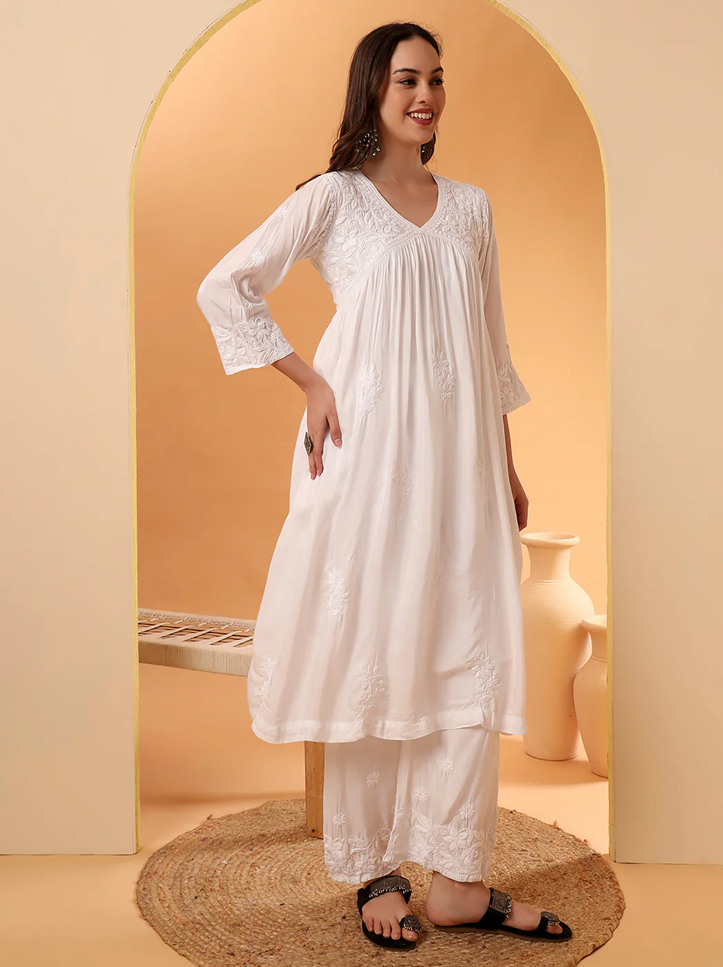 Alia Muslin Chikankari Kurta Set with Dupatta - White - Image 3