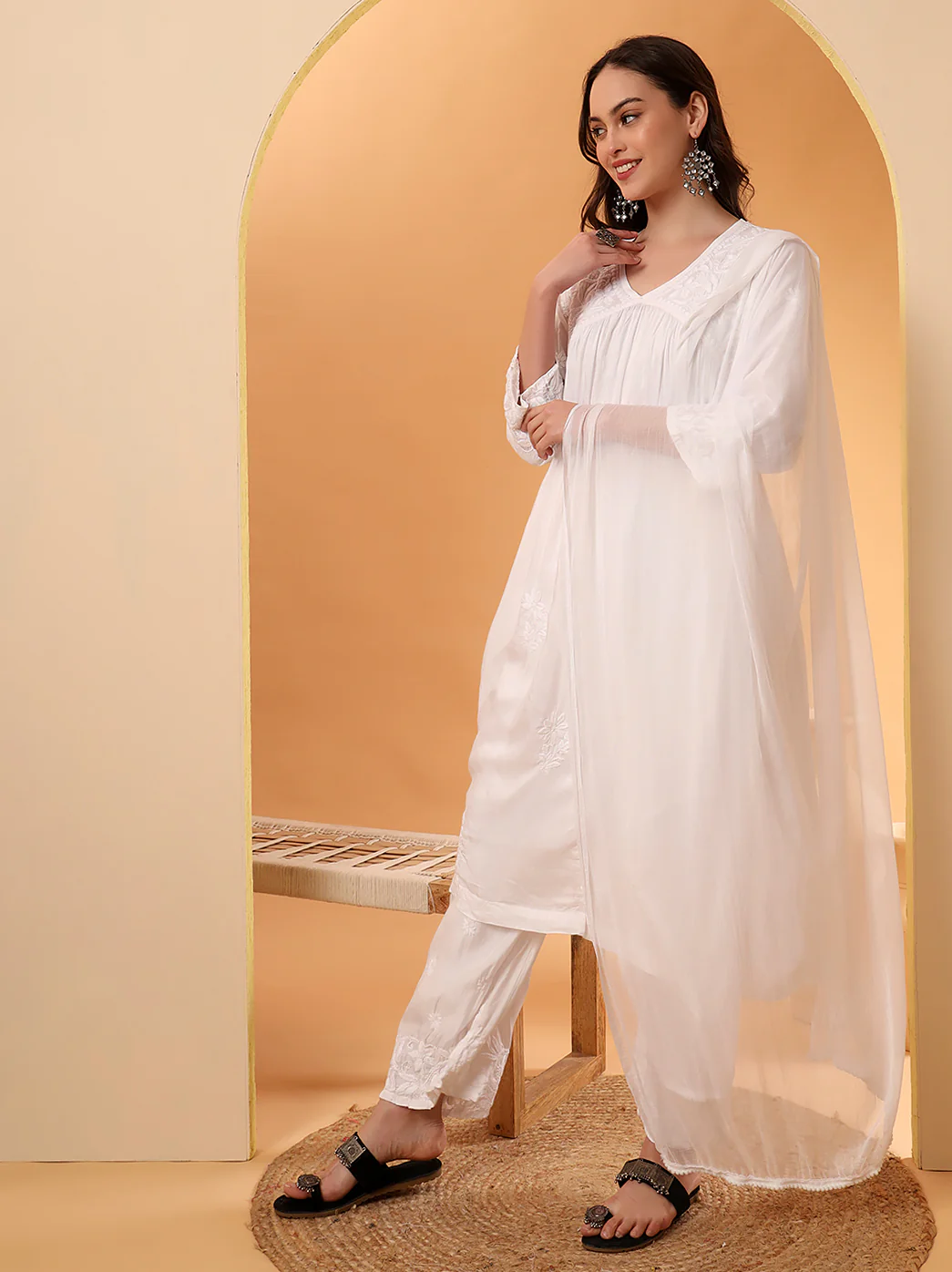 Alia Muslin Chikankari Kurta Set with Dupatta - White - Image 4
