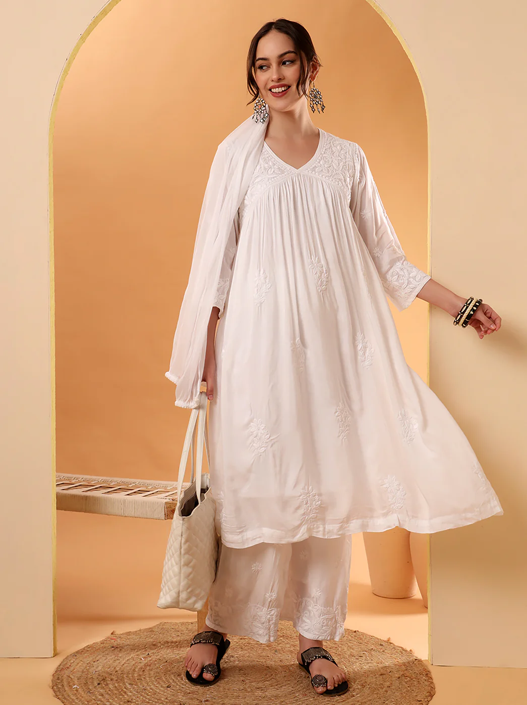 Alia Muslin Chikankari Kurta Set with Dupatta - White - Image 6
