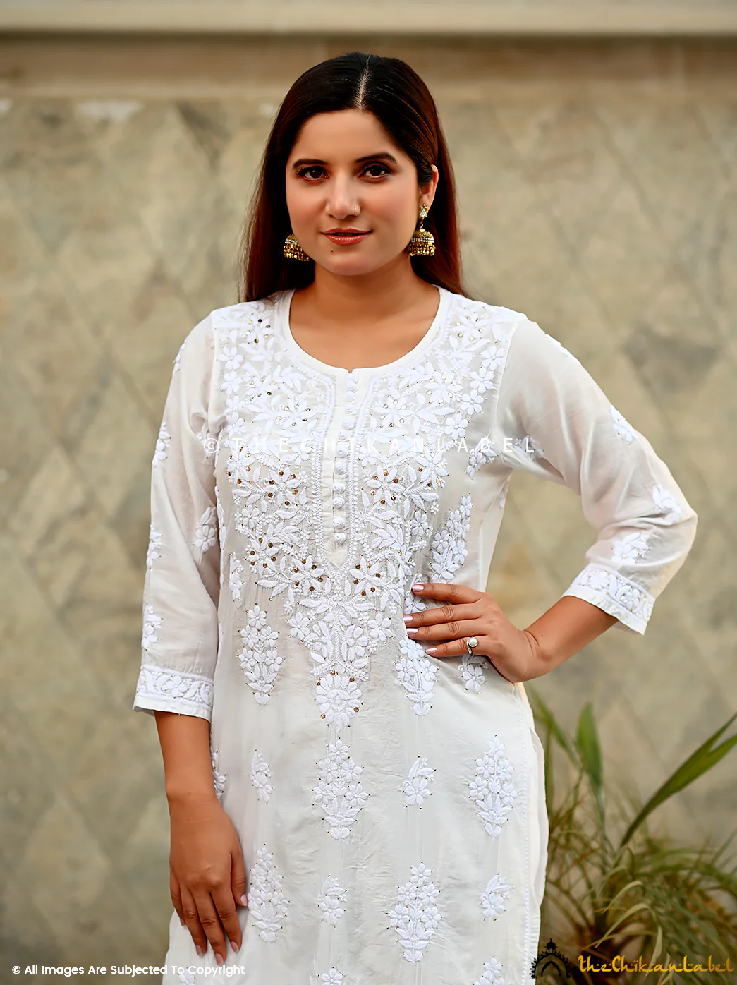 Aniya Chanderi Chikankari Straight Kurti - White - Image 2