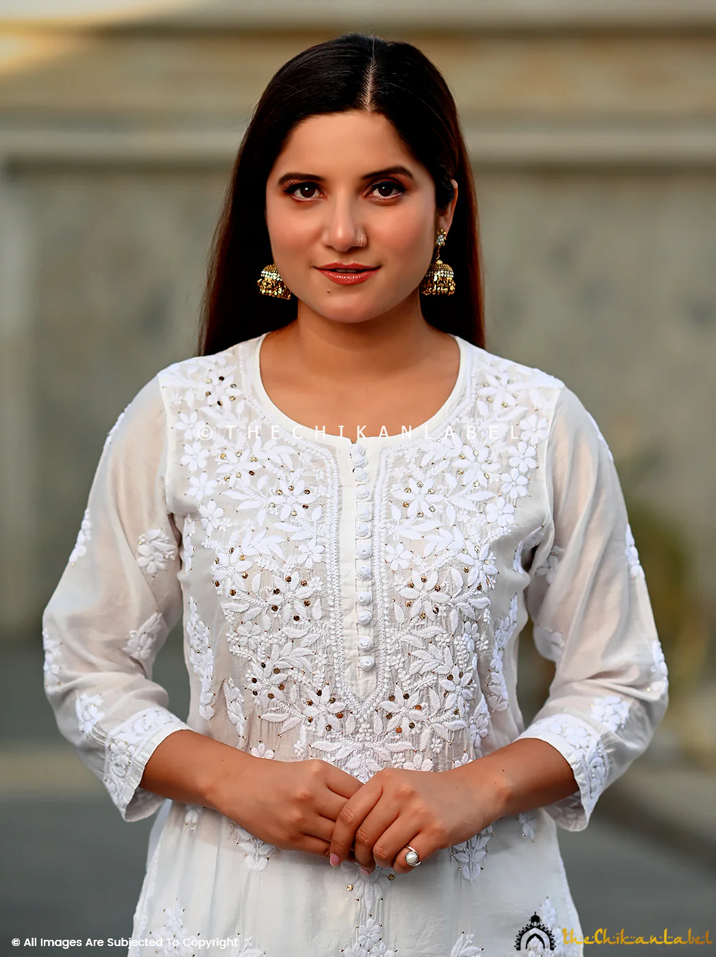 Aniya Chanderi Chikankari Straight Kurti - White - Image 3