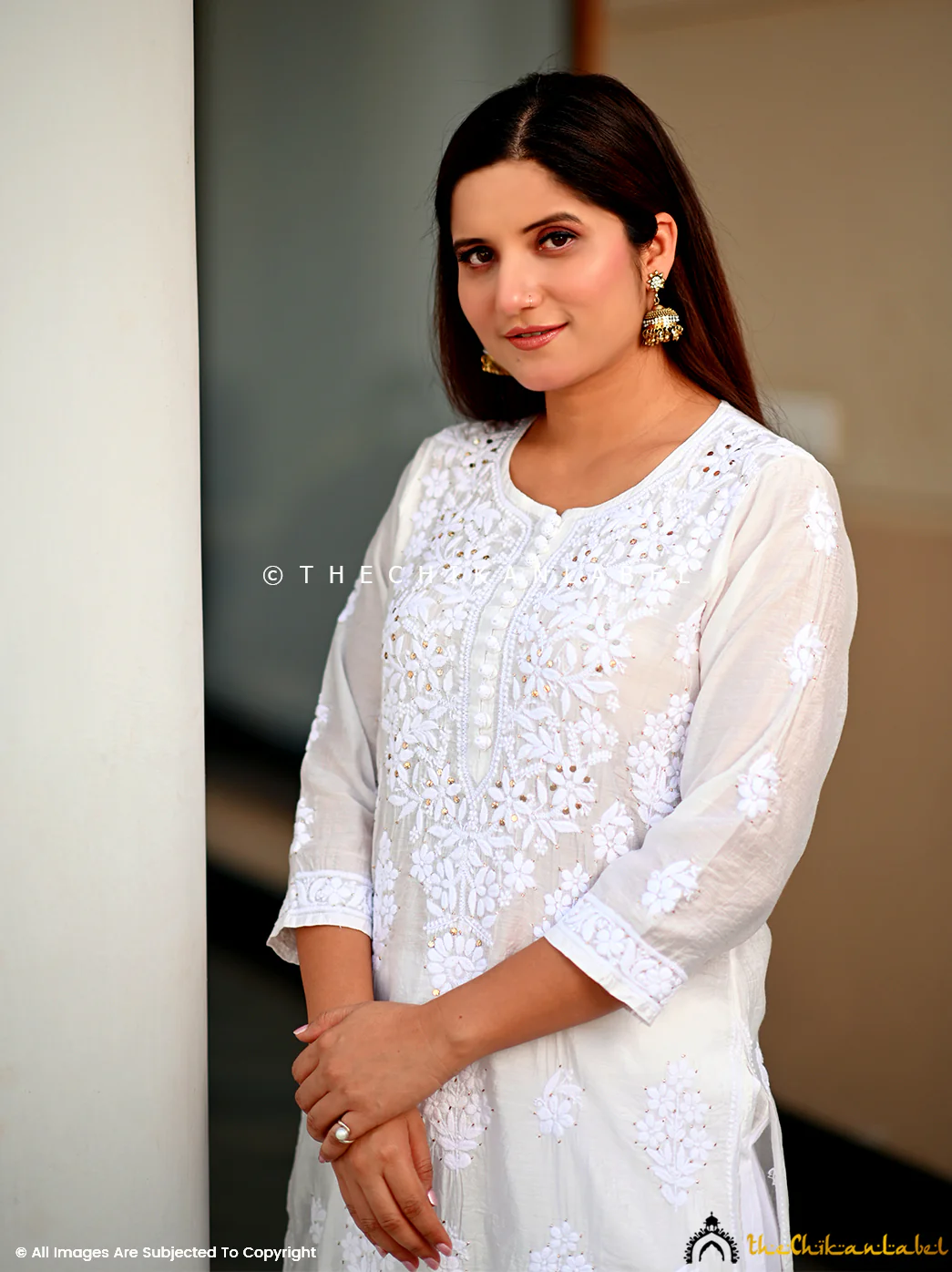 Aniya Chanderi Chikankari Straight Kurti - White - Image 4