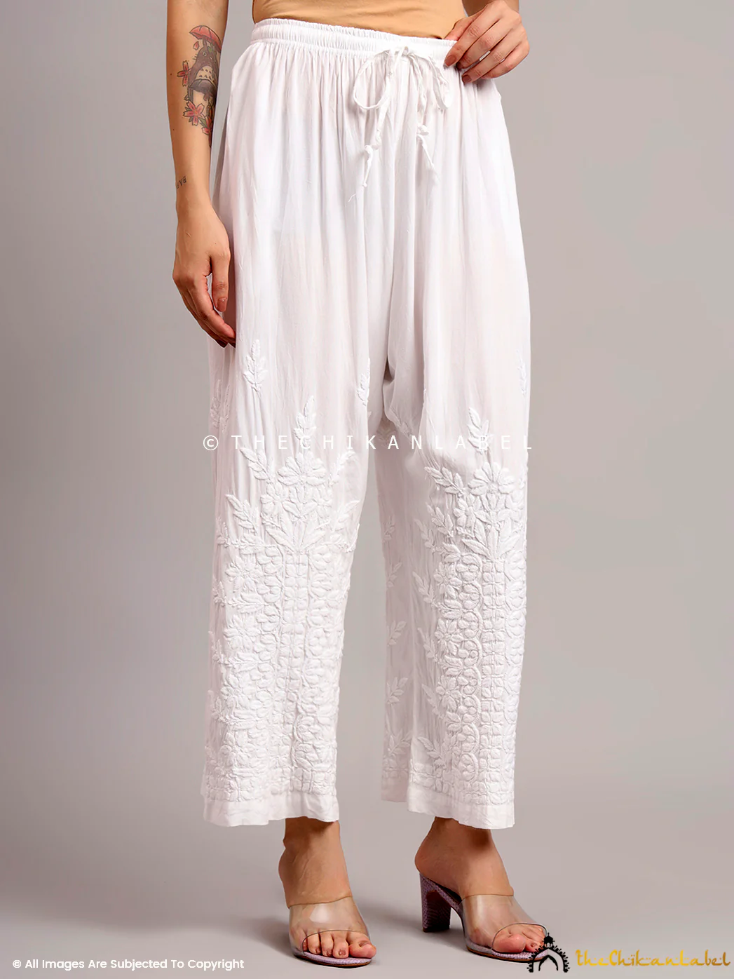 Asti Rayon Chikankari Straight Palazzo - White - Image 4