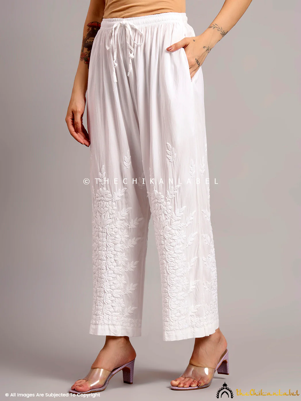 Asti Rayon Chikankari Straight Palazzo - White - Image 5