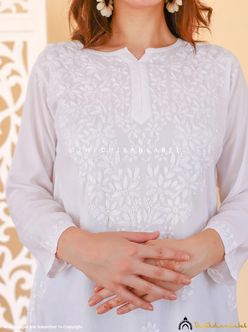 Aziza Rayon Chikankari Short Top - White - Image 2