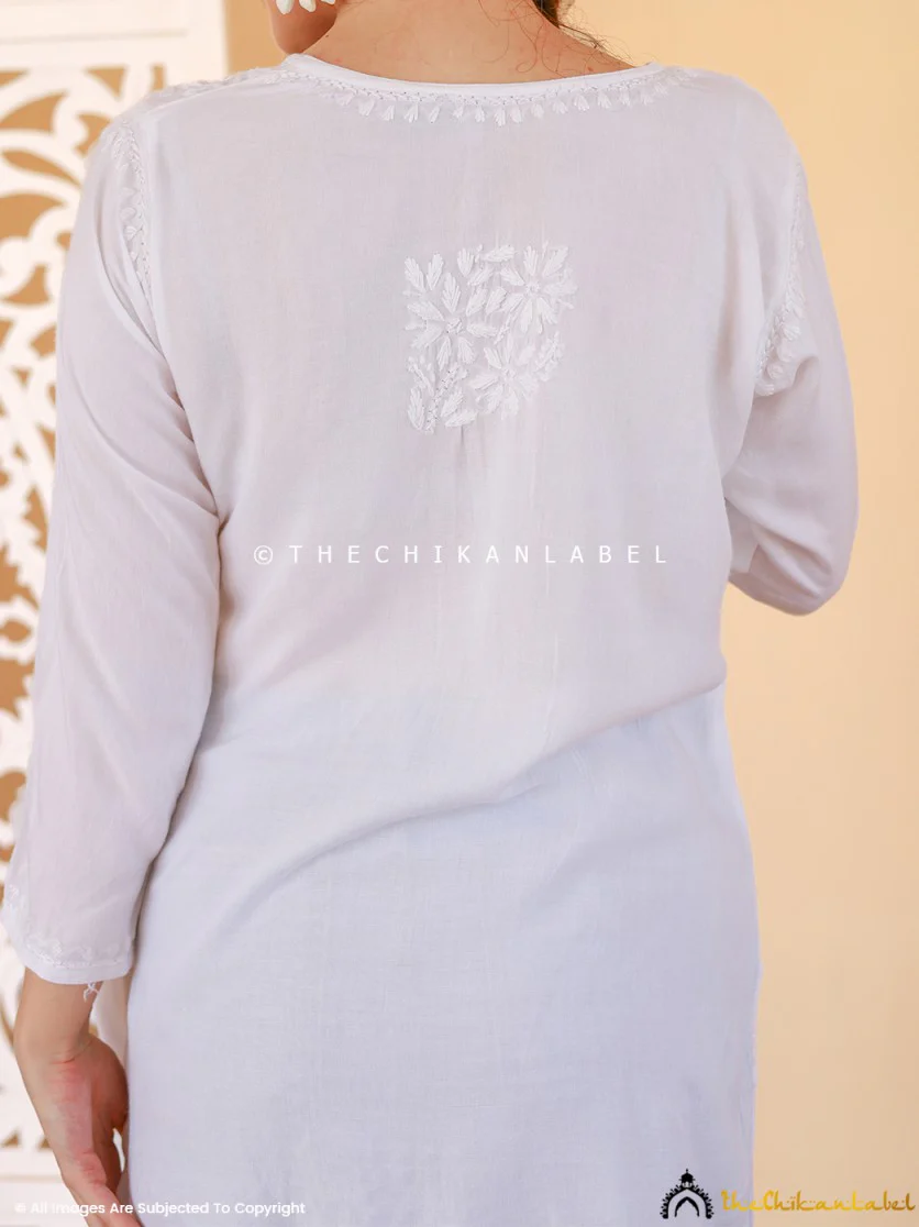 Aziza Rayon Chikankari Short Top - White - Image 3