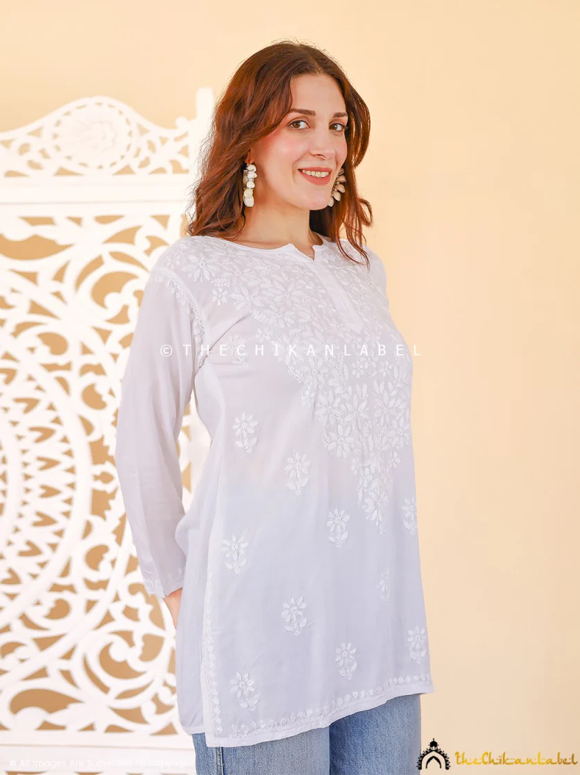Aziza Rayon Chikankari Short Top - White - Image 4