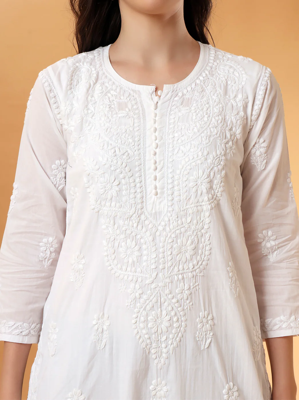 White Barkha Cotton Chikankari Straight Kurti - Image 2
