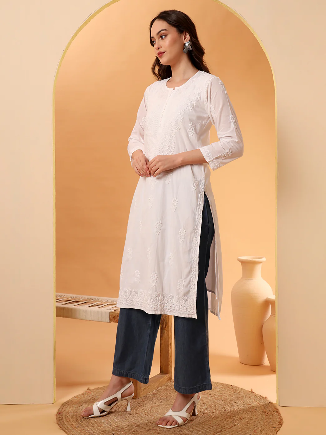 White Barkha Cotton Chikankari Straight Kurti - Image 4