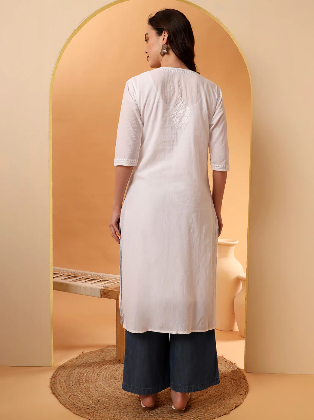 White Barkha Cotton Chikankari Straight Kurti - Image 5