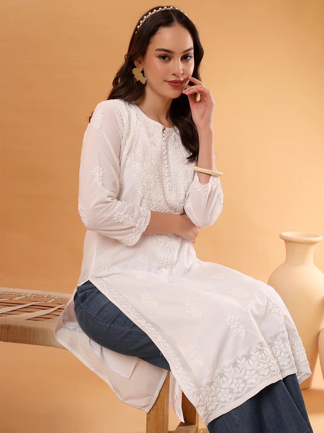 White Barkha Cotton Chikankari Straight Kurti - Image 6