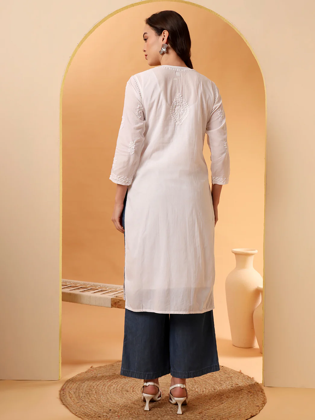 White Barkha Cotton Chikankari Straight Kurti - Image 7