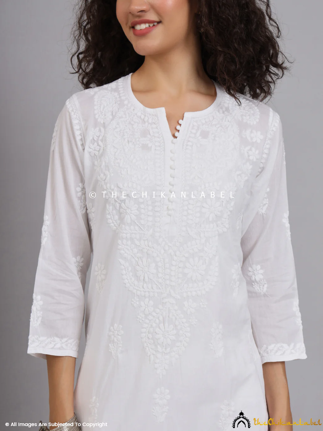 White Barkha Cotton Chikankari Straight Kurti - Image 9